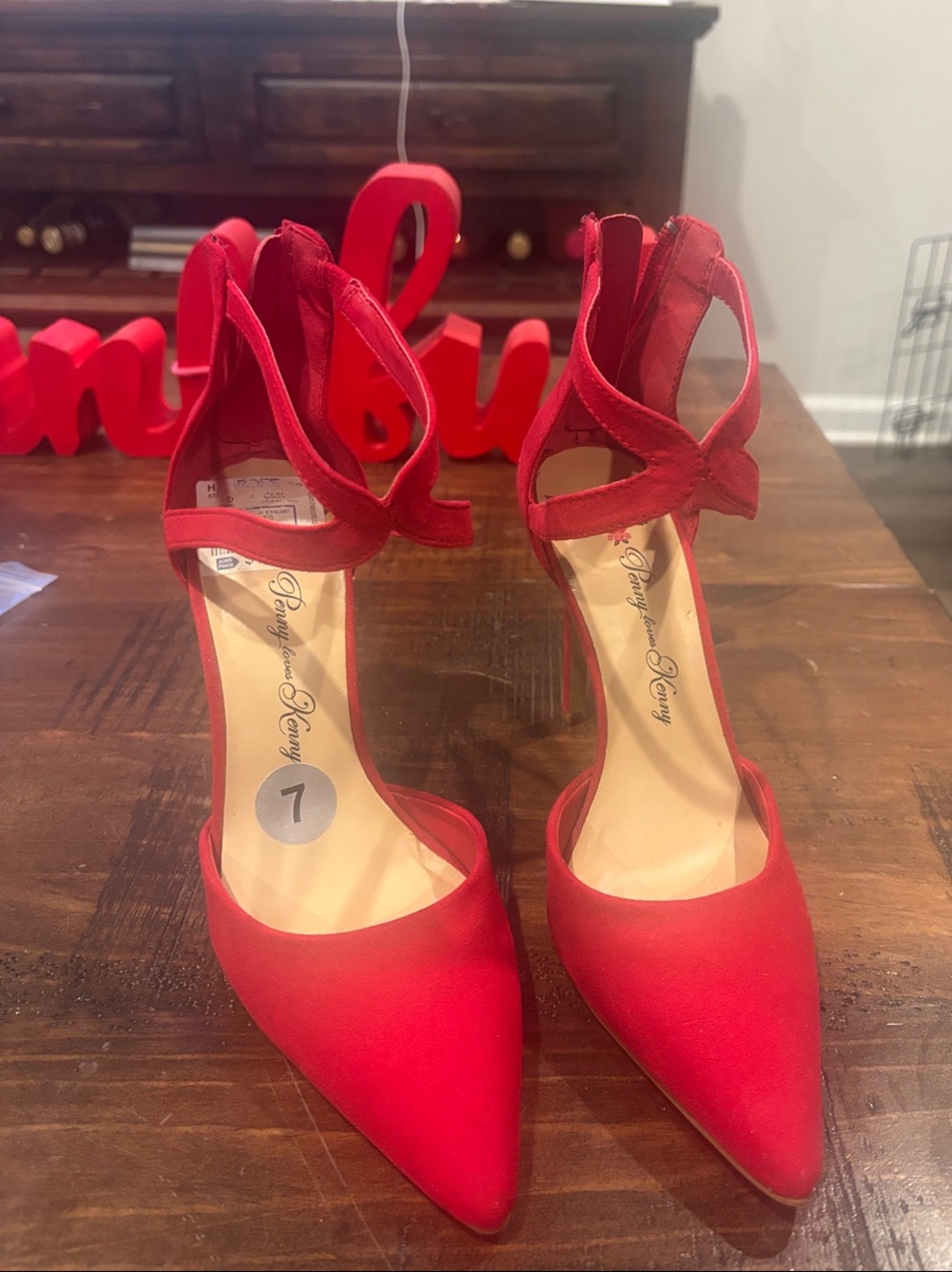 Penny Loves Kenny Red Pointed Toe Ankle Strap Heels with Bow Detail